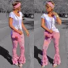 Capris New Fashion Summer Pink Flare Pants Pantaloni con stampa drappeggiata con volant floreale Pantaloni skinny a gamba larga di nuovo arrivo Palazzo Hot