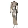 Kleid Sexy Backless Metallic Silber Dünne Bodycon Maxi Kleid Frauen Rollkragen Langarm Party Vestido 2023 Frühling Herbst Y2K Kleidung