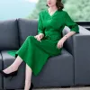 Dresses High Quality New Self Portrait Vantage Dress 2022 Summer Design Green Soild Midi Dress Vneck Short Sleeve for Women Dress