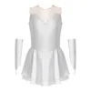 Abbigliamento da palcoscenico Vestito da pattinaggio artistico per ragazze per bambini Balletto Ginnastica Costume da performance di danza lirica Tutu body con strass lucidi con guanti