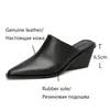 Dress Shoes Summer Women Genuine Leather For Pointed Toe Chunky Heel Sandals Cover Wedge Black Mules