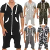 Zomer Heren Camouflage Effen Kleur Rits Romper Jumpsuit met korte mouwen en capuchon 240228