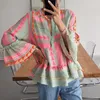 Blusas femininas vintage impressão geométrica mulheres primavera com decote em v abotoado escritório senhora camisas outono alargamento manga solta topos pulôver harajuku