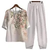 Zweiteilige Damenhose, leichter Damen-Anzug, T-Shirt mit Blumendruck, Harems-Set für Frühling und Sommer, lässiges, lockeres Oberteil mit elastischer Taille, O-Ausschnitt