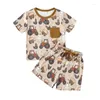 衣料品セット幼児の男の子の女の子農場衣装半袖動物ルースターヘンプリントTシャツトップエラスティックウエストショーツセット2PCS