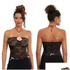 Women Tanks Camis Hezioweun y Summer Fashion Tubs Tops Black Shoder Off Shoder Cropped Lace Floral See-Frough Bandeau othxo