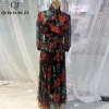 Elbise qian han zi tasarımcı moda şifon elbise eşarp yaka vintage gül baskı yüksek zarif tatil midi elbise kadınlar bahar/yaz