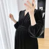 Dresses 8616# Autumn Winter Veet Maternity Long Dress Elegant V Neck A Line Slim Clothes for Pregnant Women Postpartum Pregnancy