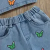 Set di abbigliamento 1-6 anni Set di vestiti estivi per ragazze per bambini Set di farfalle per bambini Stampa senza maniche Camis in denim Top Jeans lunghi Pantaloni moda per bambini Abiti