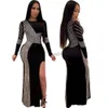 Basic Casual Dresses Casual Dresses Women Spring Winter Long Full Sleeve Diamonds Open Fork Sexy Night Party Bandage Fashion Vestidos 240302