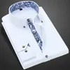 Blue-and-white Porcelain Collar Shirt Men Long Sleeve Korean SlimFit Casual Business Dress Shirts Solid Color White Shirt Cotton 230226