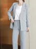 Женский весенний элегантный пиджак, брючные костюмы, офисные винтажные повседневные деловые комплекты из 2 предметов, женская модная рабочая одежда, брючный костюм 240221
