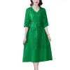 Dresses High Quality New Self Portrait Vantage Dress 2022 Summer Design Green Soild Midi Dress Vneck Short Sleeve for Women Dress