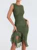 Mozision Elegant Ruffle Ruched Midi Dress for Women Robe Summer Backless ärmlös Oregelbunden klubbparti Sexig Vestido 240219