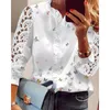 Blusas femininas elegantes moda borboleta estampa top babados guarnição casual blusa de manga longa de renda