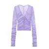 Женские блузки, женские милые фиолетовые тонкие топы с v-образным вырезом, весна 2024, шикарные однобортные однобортные сетчатые женские плиссированные блузки для девочек