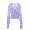 Blouses pour femmes femme doux violet mince col en V hauts 2024 printemps filles Chic solide simple boutonnage maille dames plissé