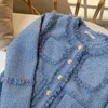Chique dames winter tweed franje kralen jas van hoge kwaliteit vrouwelijke blauwe wollen jas 240226