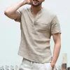 Men's Casual Shirts 2024 High Quality Linen V Neck Bandage T Male Solid Color Long Sleeves Cotton T-shirt Tops Sale