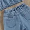 Set di abbigliamento 1-6 anni Set di vestiti estivi per ragazze per bambini Set di farfalle per bambini Stampa senza maniche Camis in denim Top Jeans lunghi Pantaloni moda per bambini Abiti