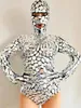 Stage Wear Silver Mirrors Paillettes Body à capuche Gants de danse Tenues de danseuse Troupe Discothèque Costume sexy Performance de robot