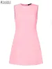 Vestido ZANZEA estilo coreano para mujer, Mini vestido con cuello redondo, vestido rosa sin mangas, Vestidos elegantes de moda, vestidos informales de verano sin mangas, batas cortas