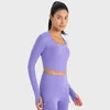 Camicie attive Yoga imbottita Manica lunga Foro per il pollice Crop Top Collo quadrato Maglia da allenamento posteriore Reggiseno integrato Abbigliamento da palestra per le donne