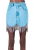 skirt WHITNEY WANG Designer Style 2022 Summer Fashion Streetwear Wave Cut Diamonds Tassel Denim Skirt Women