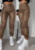 Kvinnor Pants Summer Fashion Pocket Design Pu Leather Casual Plain High midja Dagliga långa manschetterade byxor Y2K Streetwear 240222