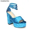 Sandaler Blue Velvet Rhinestone Strap Round Toe Tjock High Heel Last Summer Temperament Women's Shoes