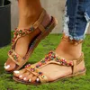 Sandals Lucyever Beaded Flowers Flat Heeled Sandals Women Summer 2023 Plus Size Open Toe Bohemian Sandals Woman Elastic Strap Rome Shoes T240302