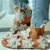 Sandálias femininas flores sandálias planas chinelos moda toe loop falso pérola deslizamento em sapatos casuais praia sandálias de viagem t240302