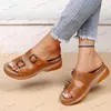 Slippers Fashion Double Buckle Wedge Slippers Women Summer 2023 Brown PU Leather Platform Sandals Woman Casual Non Slip Beach Flip Flops T240302