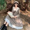 Dresses New Mori Girl Women Longsleeved Chic Dress Young Style Plaid Bow Sweet Spring Autumn Dress Elegant Ruffles Long Vintage Dress