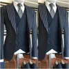 Costumes pour hommes Stripe Blue Grey Navy Mens Costume Slim Fit 3 pièces Tuxedos pour mariage sur mesure Males Prom Blazer Pantalon (veste pantalon gilet)