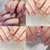 Unghie finte 24 pezzi per manicure stampa su unghie finte rosa grigio francese corto mandorla