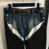 Jeans con pannelli lavati alla moda Pantaloni in denim a gamba dritta a vita alta da donna Jeans larghi con cintura classici