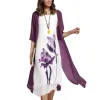 Dress 2Pcs/Set Vintage Women Suits Dress Shirt Cardigan Two Piece Set Flower Ink Painting Sleeveless Loose Tank Kaftan Dress