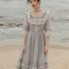 Vestido francês estilo vintage, vestido de malha de fadas, manga larga, renda, princesa, cinza prateado, feminino, tribunal real, festa noturna, vestido de baile