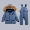 Down Coat Baby Girl Winter Jacketkläder Set -30 grader Barn tjockare varma päls krage rockar jumpsuit spädbarn snöar 0-6 år