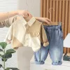 Pantskirt 2023 Korean Spring Autumn Children Boy Two Piece Clothes Set Long Sleeve Spliced Shirt Jeans Pants Suit Toddler Baby Boy Outfit