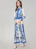 Kvinnors tvåbitar byxor Fashion Spring Autumn Set Vintage Printing and Neck Beading Shirt Shirt Trousers Suit