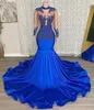 Prom Dresses Evening Gown Party Trumpet Mermaid Formal Long Sleeve Custom Zipper Lace Up Plus Size New Beaded High Neck Elastic Satin Crystal Royal Blue Illusion