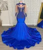 Robes de bal Robe de soirée trompette sirène formelle manches longues fermeture éclair personnalisée à lacets grande taille nouveau perlé col haut élastique satin cristal bleu royal illusion