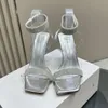 Amina Muaddi Rih Sandálias Mulheres Square Toes Stiletto Heel Party Dama de Honra Casamento Sapatos de Noite 11cm PVC Cristal Incrustado Chinelo Sapatos de Designer de Luxo com caixa