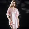 Kvinnors sömnkläder Silk Pyjamas Women Nightdress Short Sleeve Loose Spring Autumn Plus Size Soce Sexig Summer Mulberry Nightwear