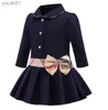 Basic Casual Dresses Kids Girl Lapel Collar bowknot Long Sleeve Dress Pleated Toddler Elegant Autumn Baby Children Designer Clothes 240302