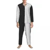 Vêtements de nuit pour hommes Pyjamas Mâle Two Tone Home Nightwear Noir Blanc 60S Style Pièce Casual Pyjama Ensembles À Manches Longues Kawaii Costume Surdimensionné