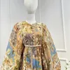 Vestidos casuais 2024 qualidade superior primavera verão vintage linho longo lanterna manga floral impressão botões folho solto mulher midi vestido