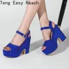 Sandals 2024 Chic Summer Flock Blue Red Open Toe Platform Chunky High Heels Woman Shoes Buckle Strap Women Big Size 43